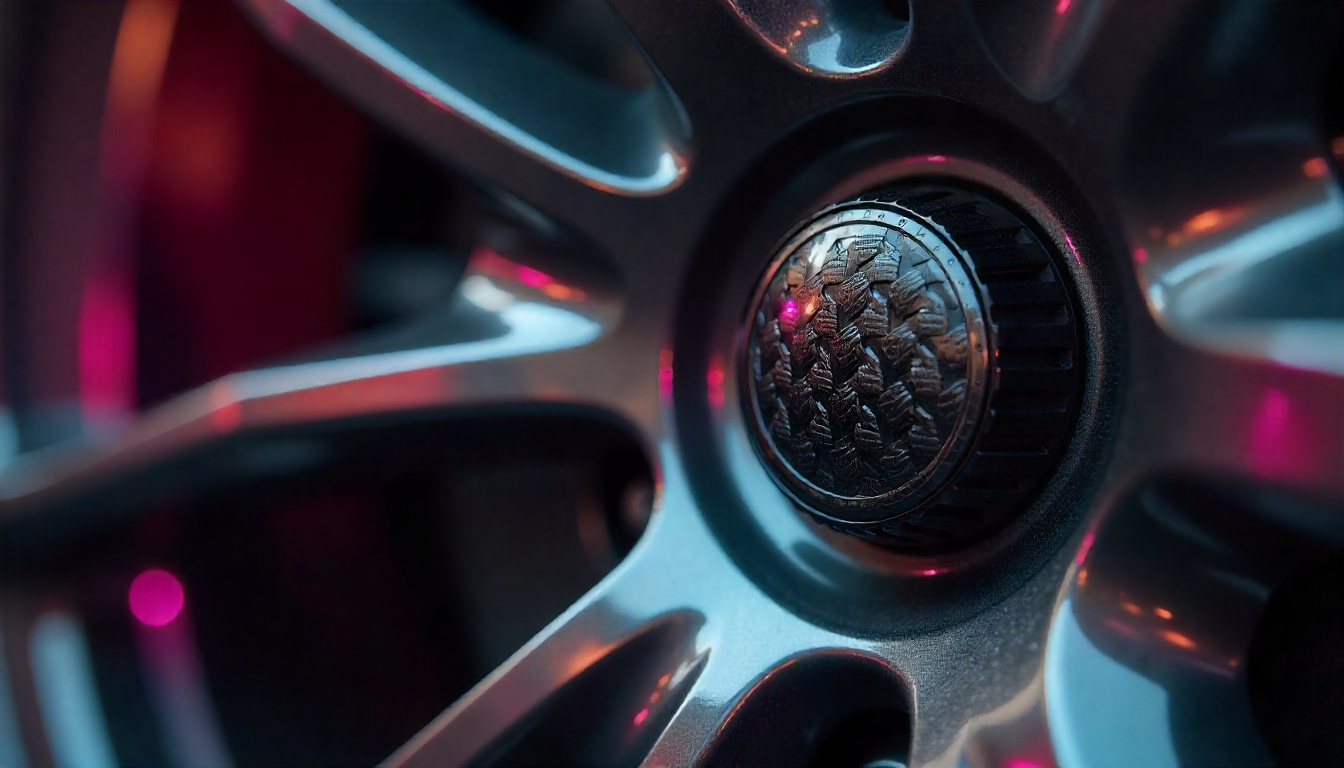 Close-up of a car wheel showing the difference between a plastic tire valve cap and a premium carbon fiber valve cap with a woven texture.