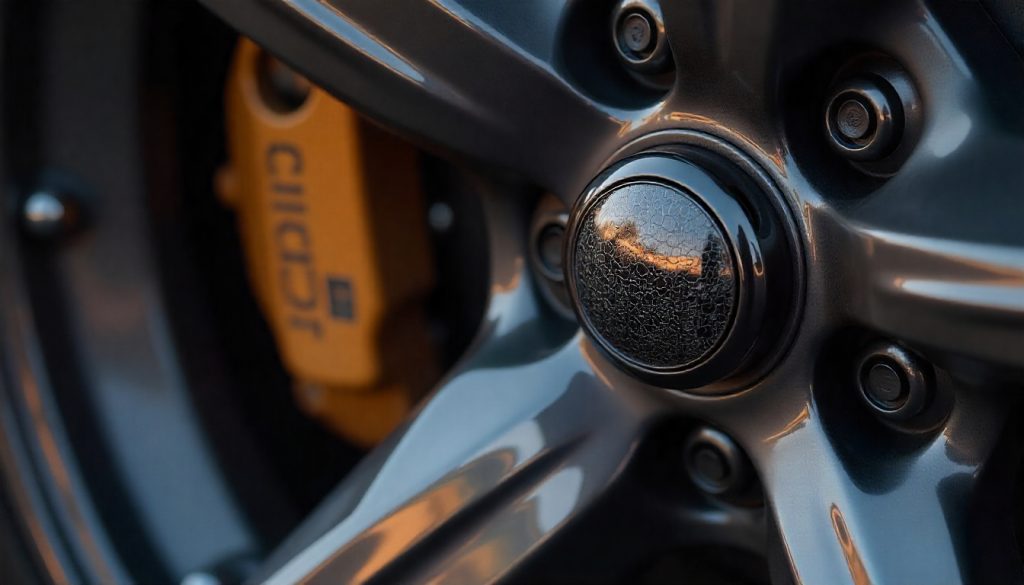 Close-up of a car wheel showing the difference between a plastic tire valve cap and a premium carbon fiber valve cap with a woven texture.