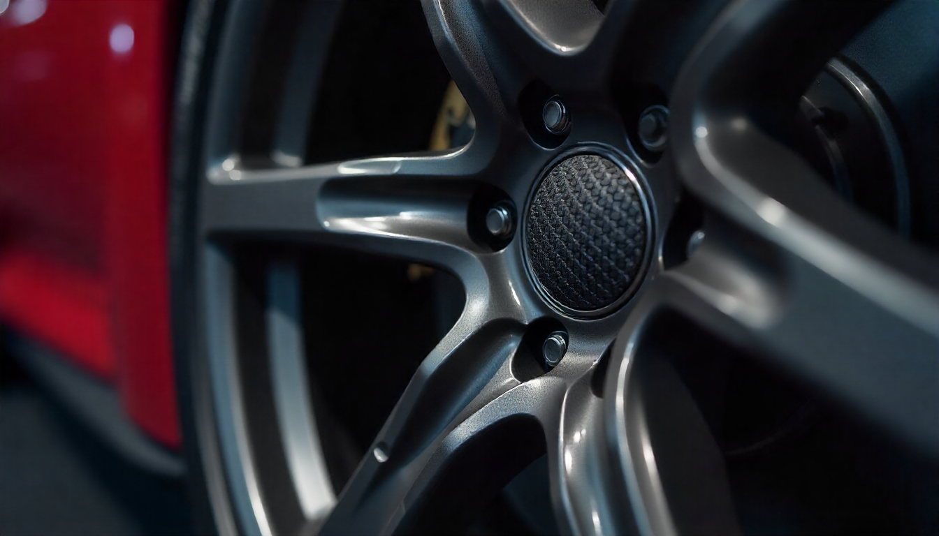 Close-up of a luxury sports car wheel featuring handcrafted carbon fiber tire valve caps with signature weave pattern, highlighting attention to detail and premium automotive design.