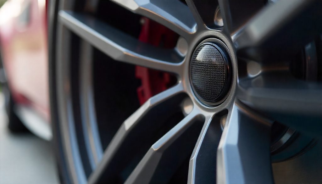 Close-up of a luxury sports car wheel featuring handcrafted carbon fiber tire valve caps with signature weave pattern, highlighting attention to detail and premium automotive design.