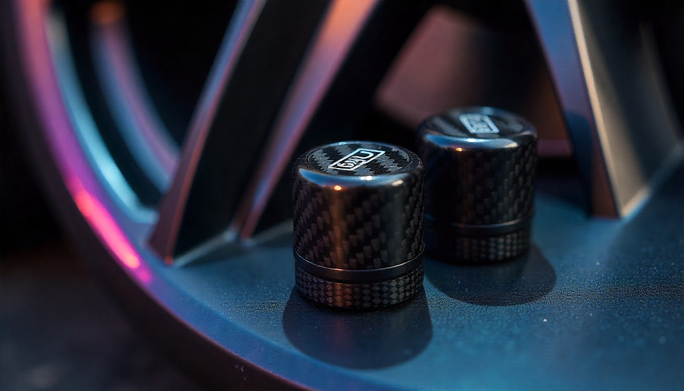 Custom carbon fiber tire valve caps with engraved branding on a luxury car wheel, showcasing glossy finish and precision weave pattern.