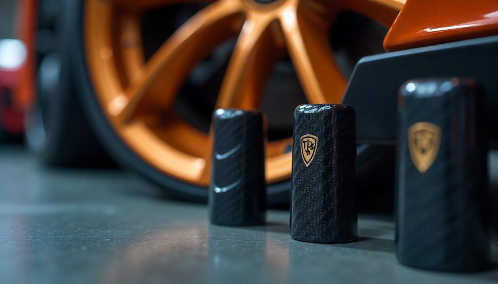 Custom carbon fiber tire valve caps with engraved branding on a luxury car wheel, showcasing glossy finish and precision weave pattern.