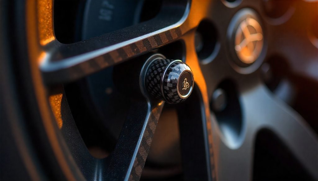 Polished carbon fiber tire valve caps on a luxury sports car wheel showcasing premium craftsmanship and glossy finish.