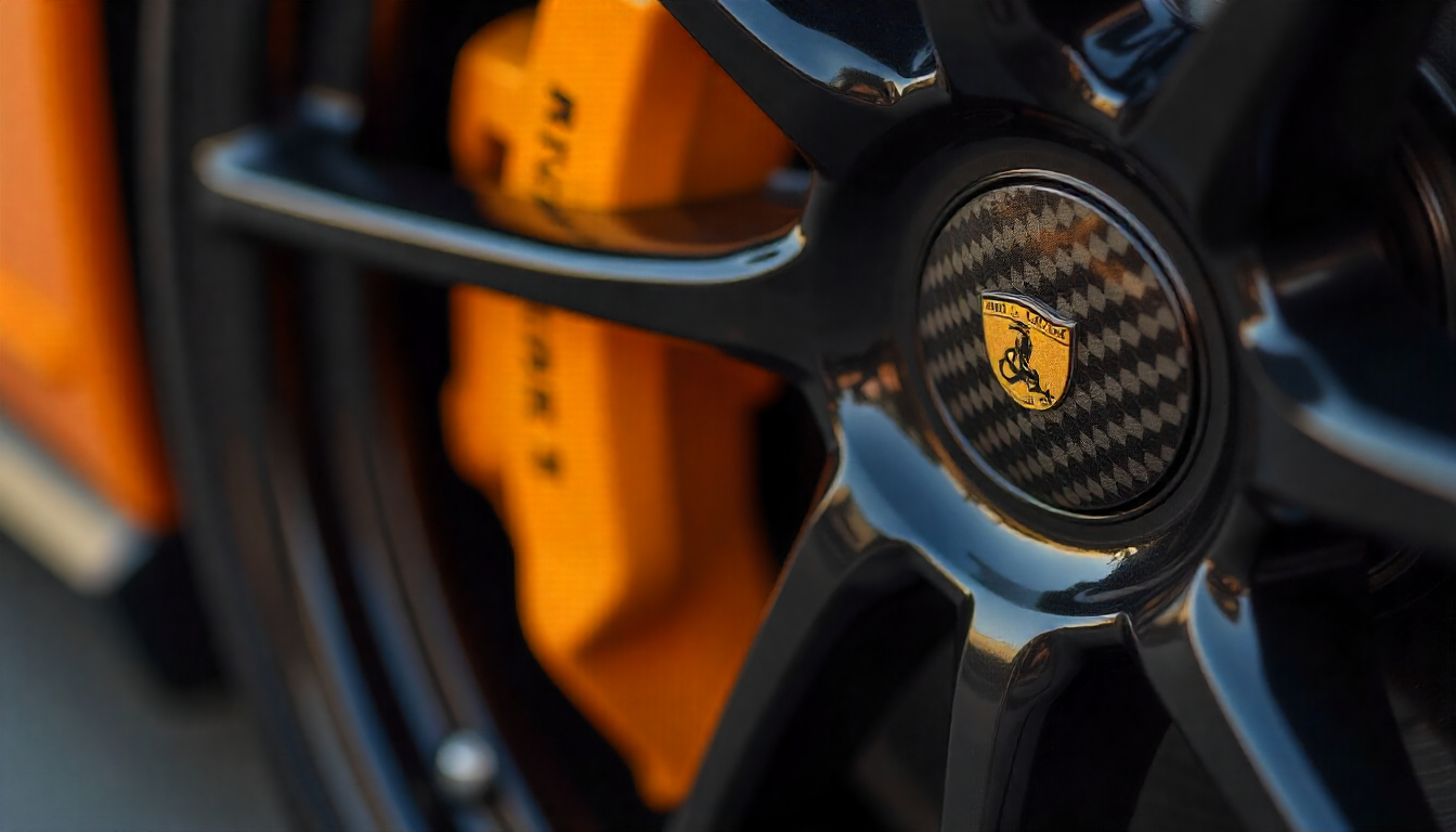 Polished carbon fiber tire valve caps on a luxury sports car wheel showcasing premium craftsmanship and glossy finish.