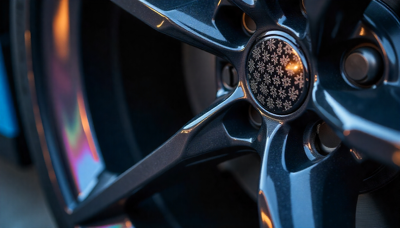 Close-up view of carbon fiber tire valve caps on a luxury sports car wheel, highlighting the premium weave pattern and sleek automotive styling.