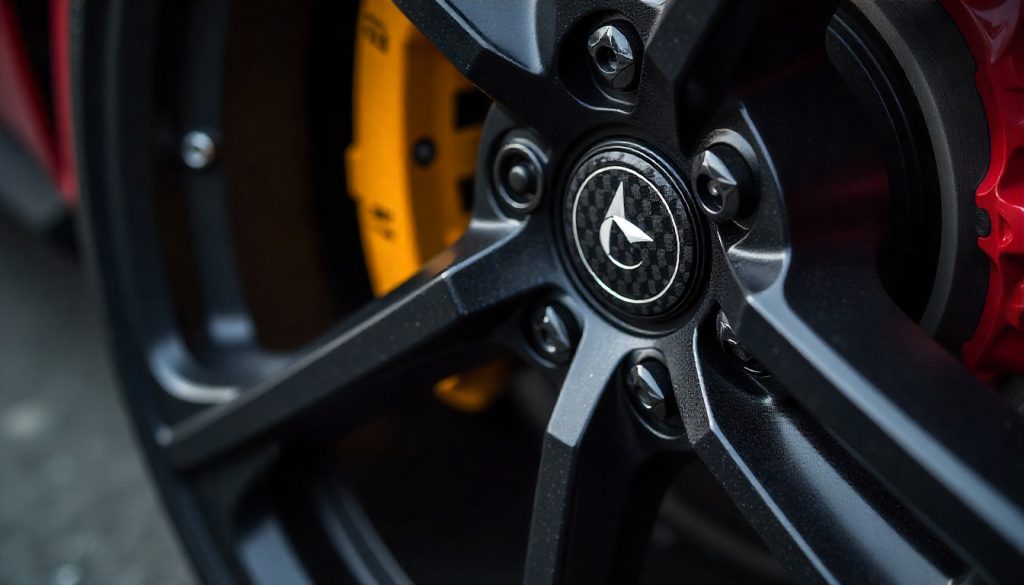 Close-up view of carbon fiber tire valve caps on a luxury sports car wheel, highlighting the premium weave pattern and sleek automotive styling.