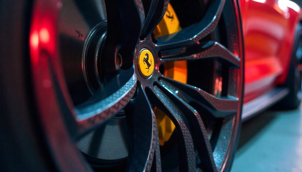 Close-up of a sports car wheel with premium carbon fiber tire valve caps showing the detailed weave pattern and luxury finish.