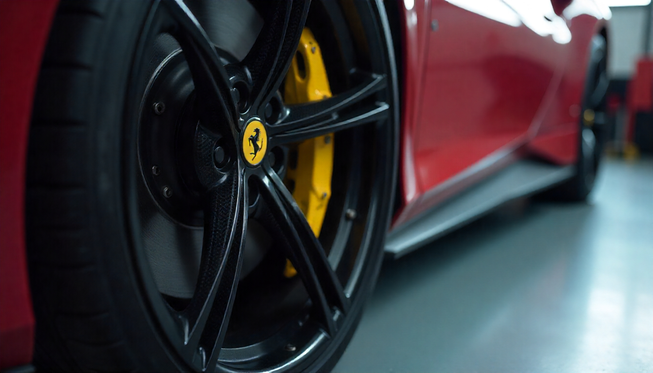 Close-up of a sports car wheel with premium carbon fiber tire valve caps showing the detailed weave pattern and luxury finish.
