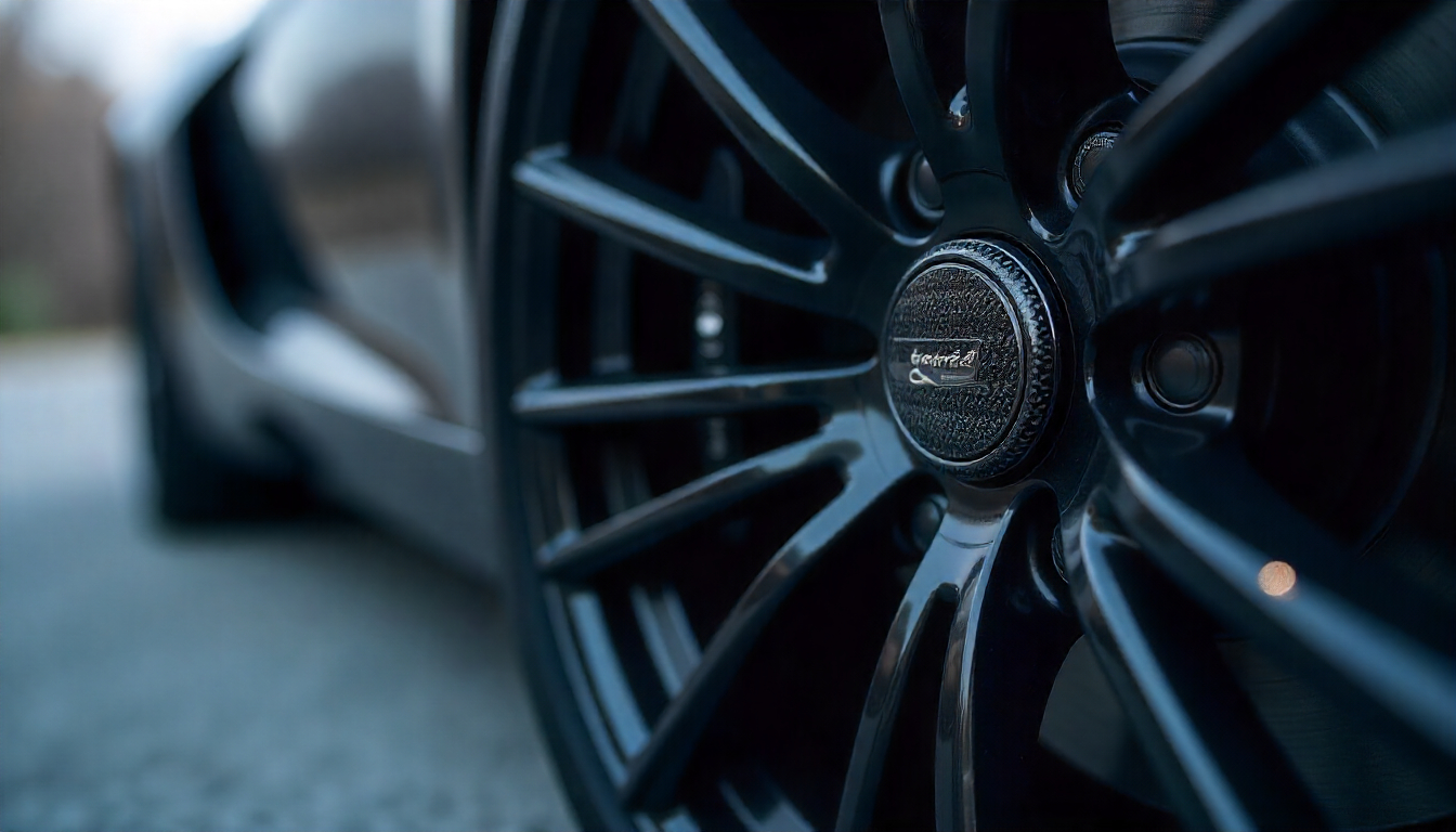 Close-up of a luxury sports car wheel with carbon fiber tire valve caps, showcasing the signature woven pattern and premium aesthetic.