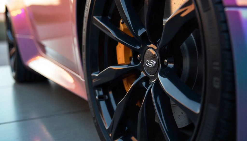 Close-up of a luxury sports car wheel with carbon fiber tire valve caps, showcasing the signature woven pattern and premium aesthetic.