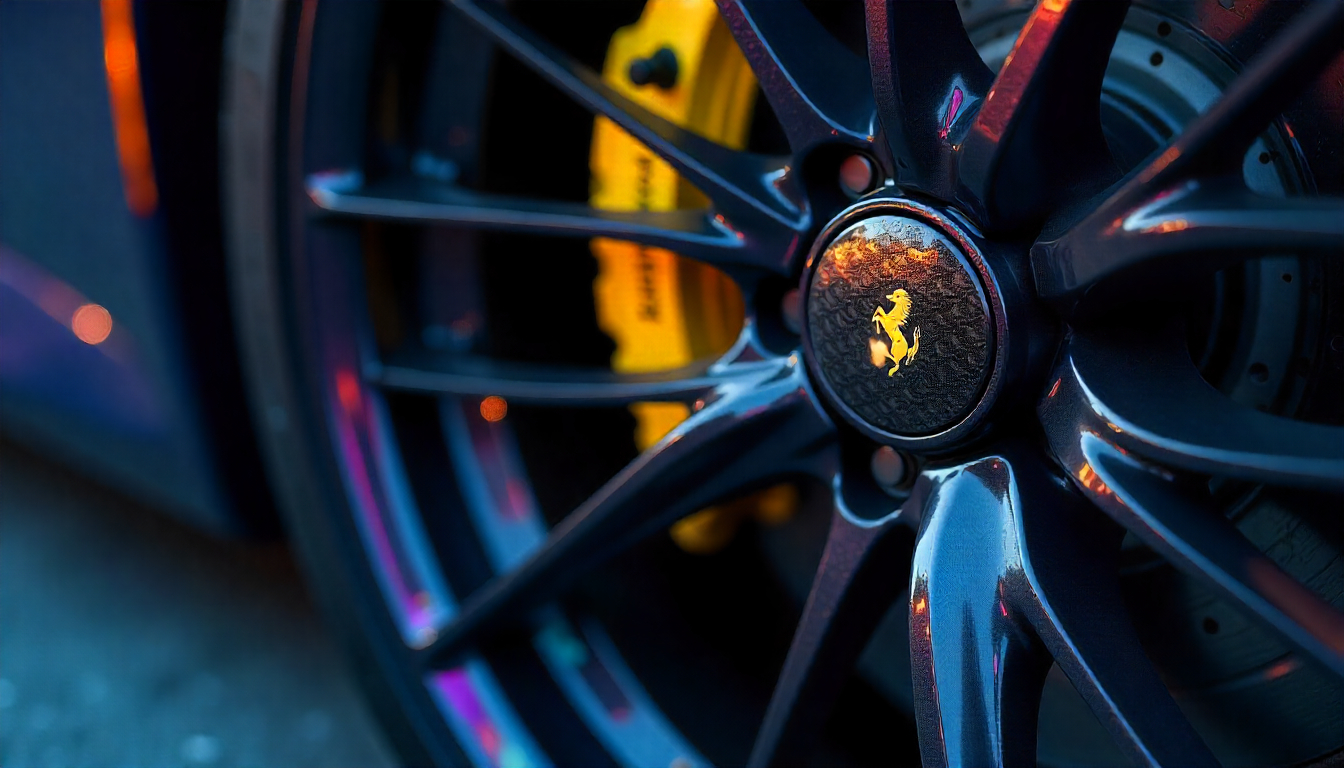 Close-up of a luxury sports car wheel featuring carbon fiber tire valve caps, highlighting premium design and durability.