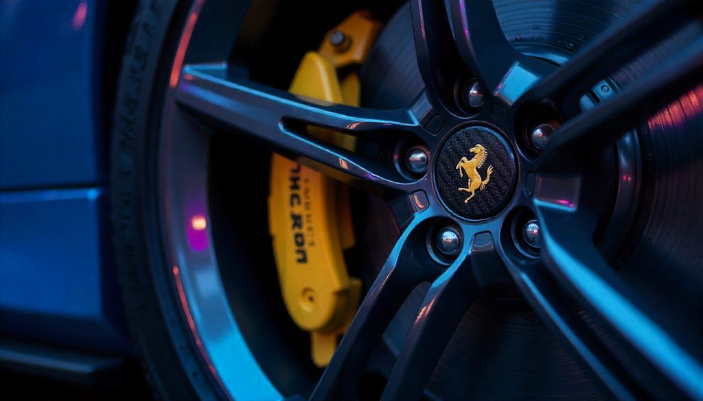 Close-up of a luxury sports car wheel featuring carbon fiber tire valve caps, highlighting premium design and durability.