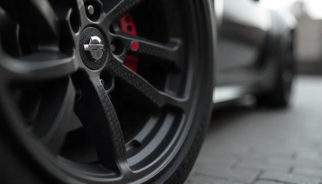 Close-up of glossy carbon fiber tire valve caps on a luxury sports car wheel, highlighting premium weave pattern and high-end automotive style.