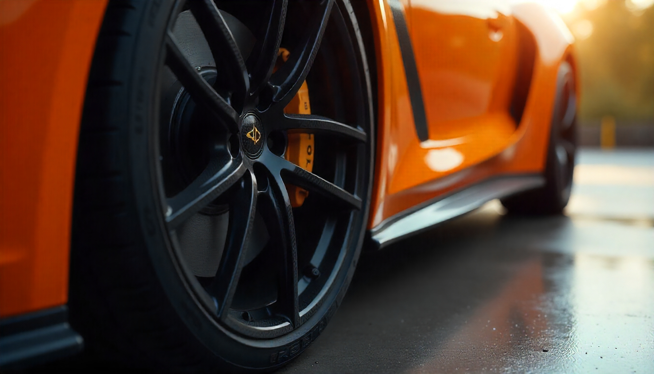 Close-up of carbon fiber tire valve caps on a luxury sports car wheel, highlighting premium craftsmanship and stylish automotive design.