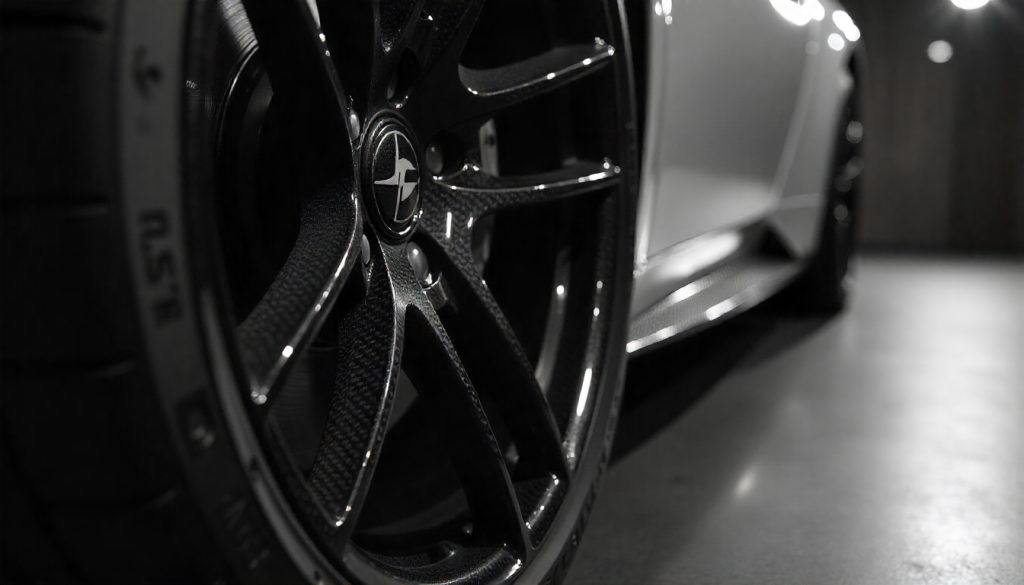 Close-up of carbon fiber tire valve caps on a luxury sports car wheel, highlighting premium craftsmanship and stylish automotive design.