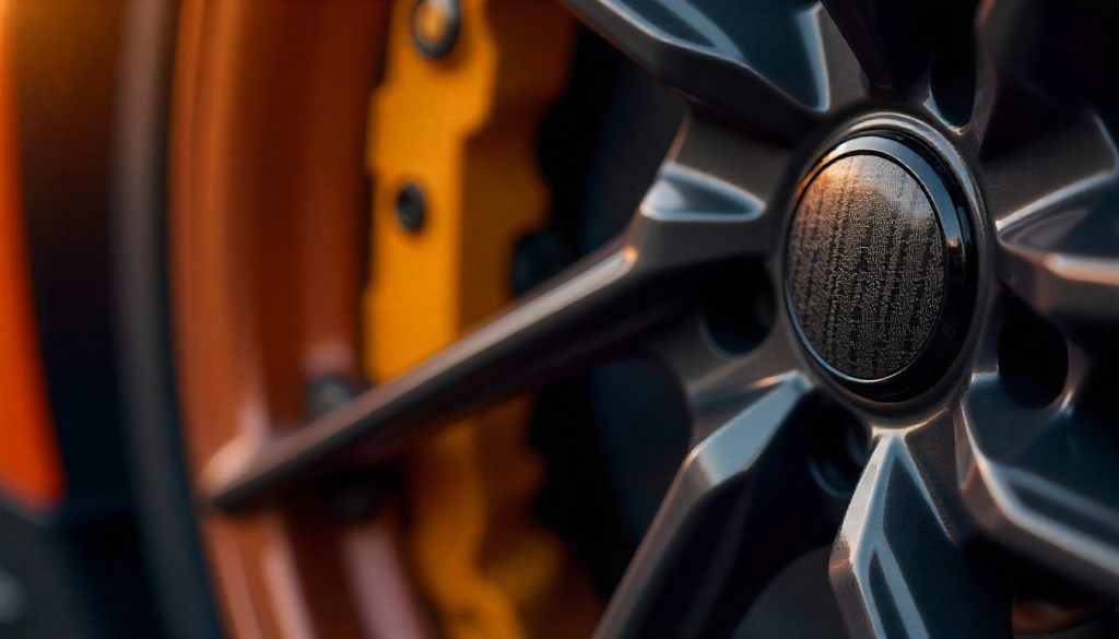 Close-up of carbon fiber tire valve caps on a luxury sports car wheel with glossy weave texture.