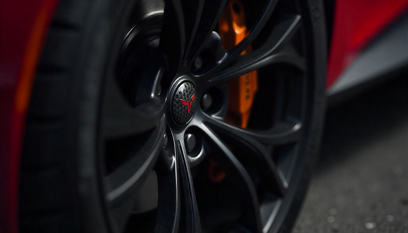 Close-up of carbon fiber tire valve caps on a luxury sports car wheel with glossy weave texture.