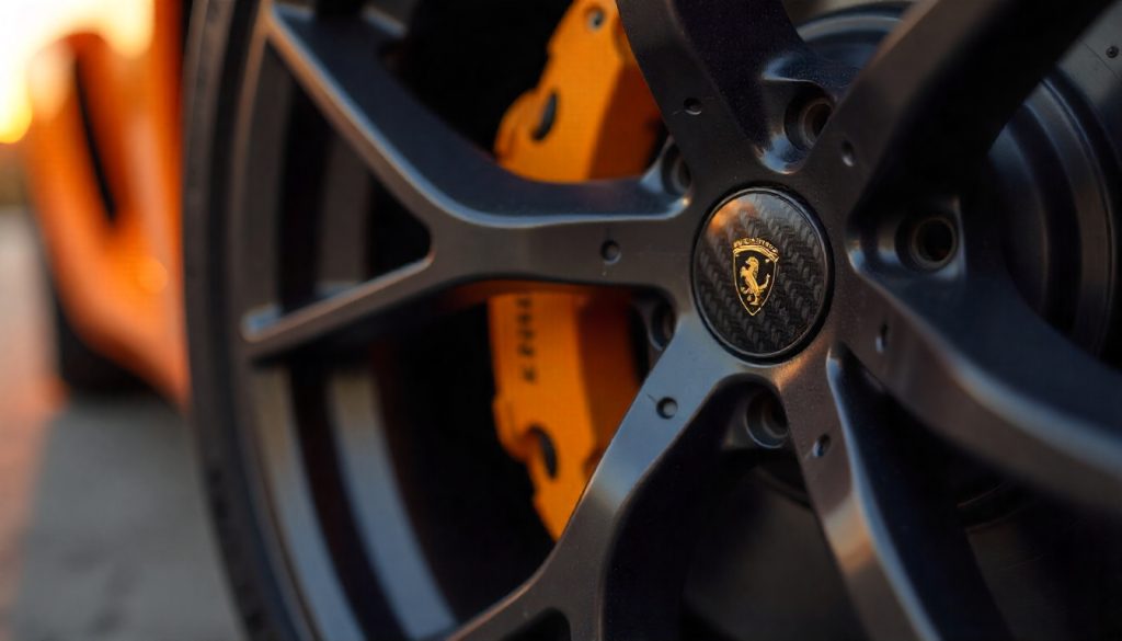 Close-up of premium carbon fiber tire valve caps on an exotic car wheel, highlighting durability, luxury craftsmanship, and glossy carbon fiber finish.
