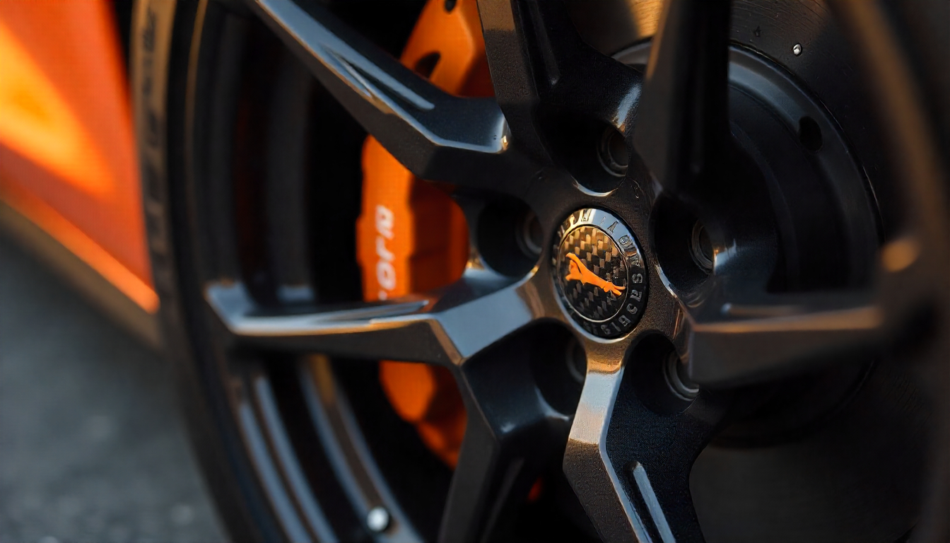 Close-up of exotic carbon fiber tire valve caps on a luxury sports car wheel, highlighting the glossy woven pattern and premium automotive detail.