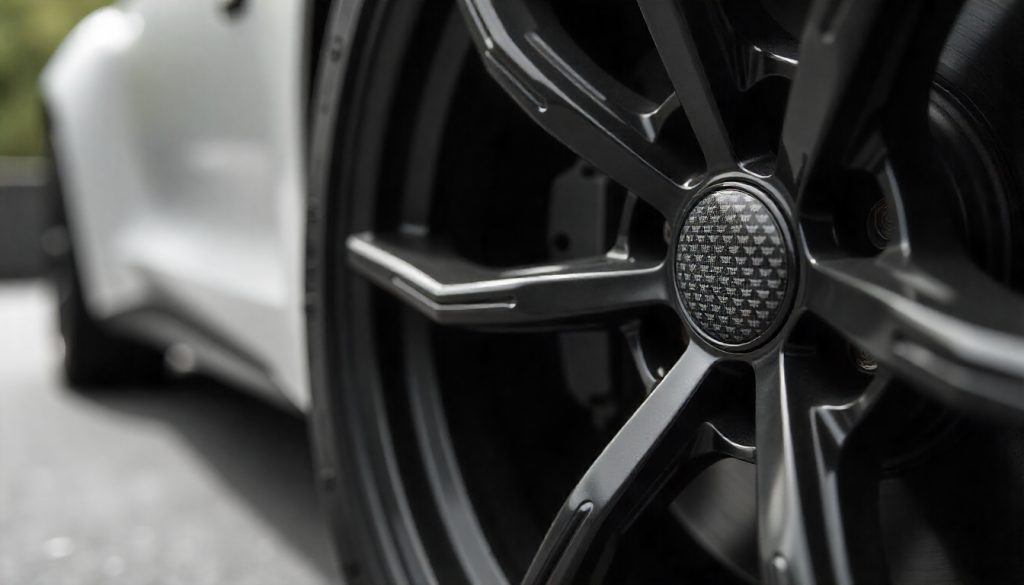 Close-up of exotic carbon fiber tire valve caps on a luxury sports car wheel, highlighting the glossy woven pattern and premium automotive detail.