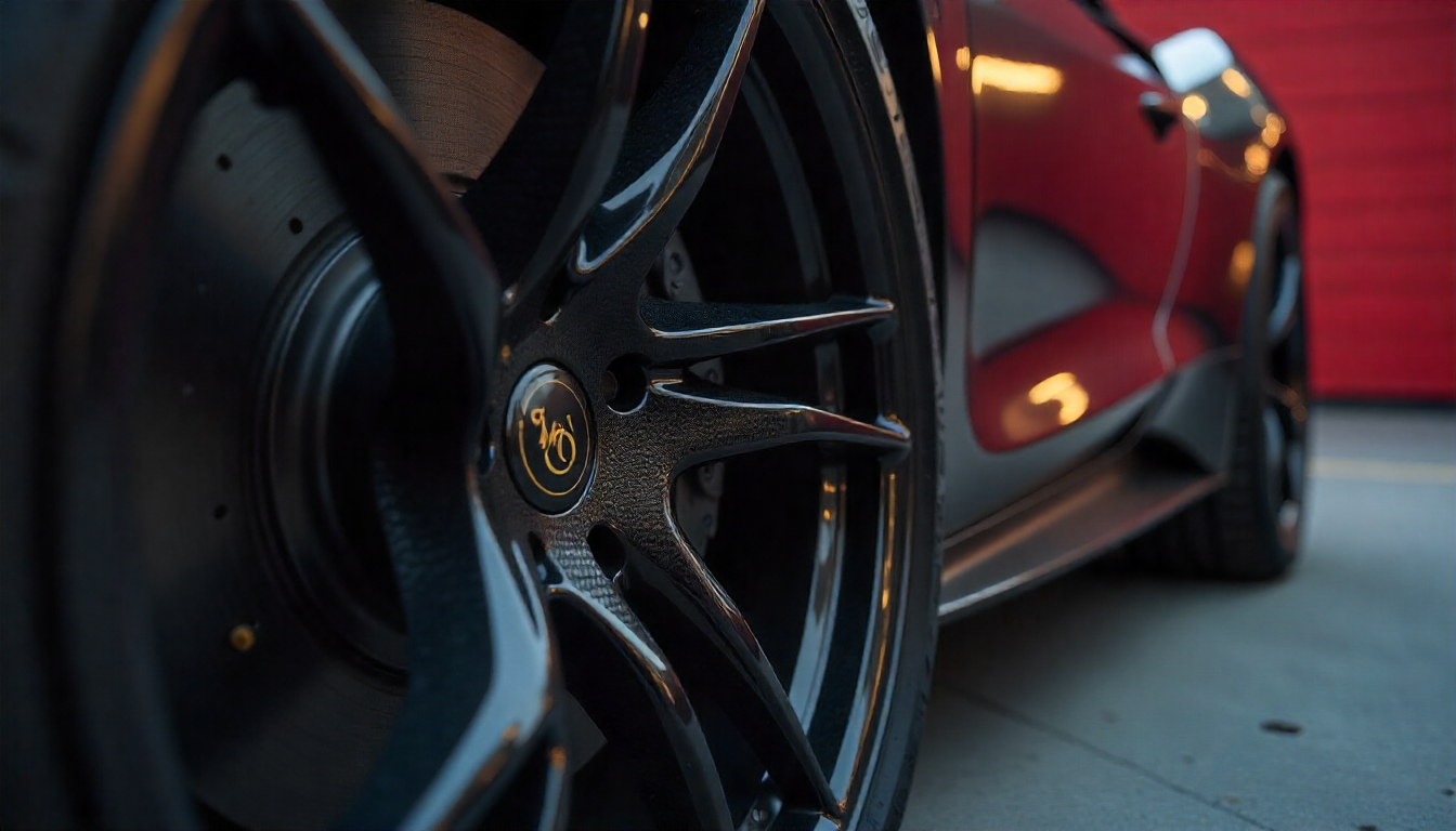 Close-up of exotic car wheel with premium carbon fiber tire valve caps highlighting glossy finish and luxury design.