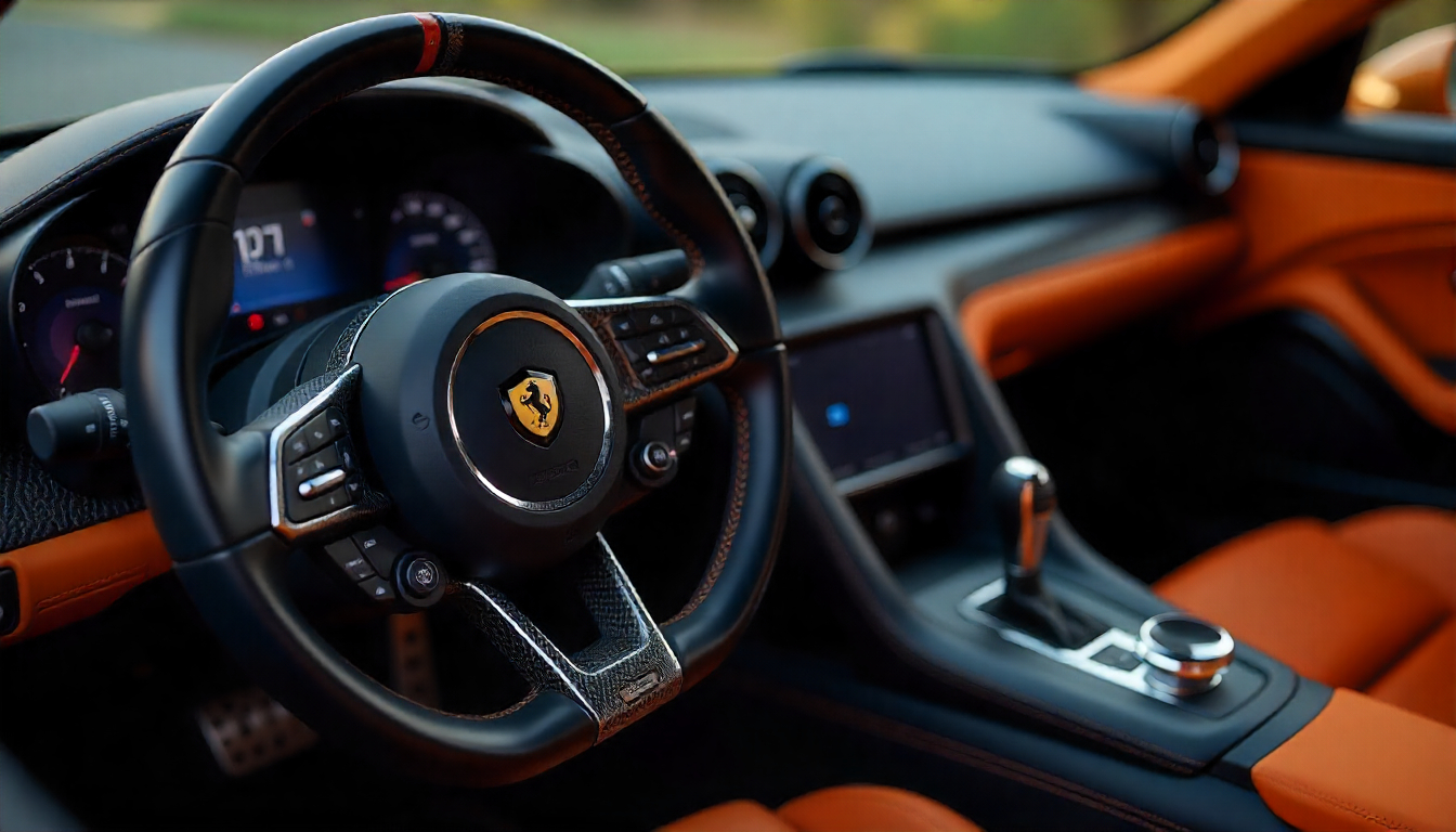 Close-up of luxury sports car interior with custom carbon fiber steering wheel and dashboard trim, showing detailed carbon fiber weave texture in a premium automotive setting.