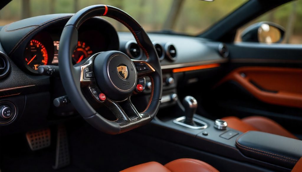 
Close-up of luxury sports car interior with custom carbon fiber steering wheel and dashboard trim, showing detailed carbon fiber weave texture in a premium automotive setting.