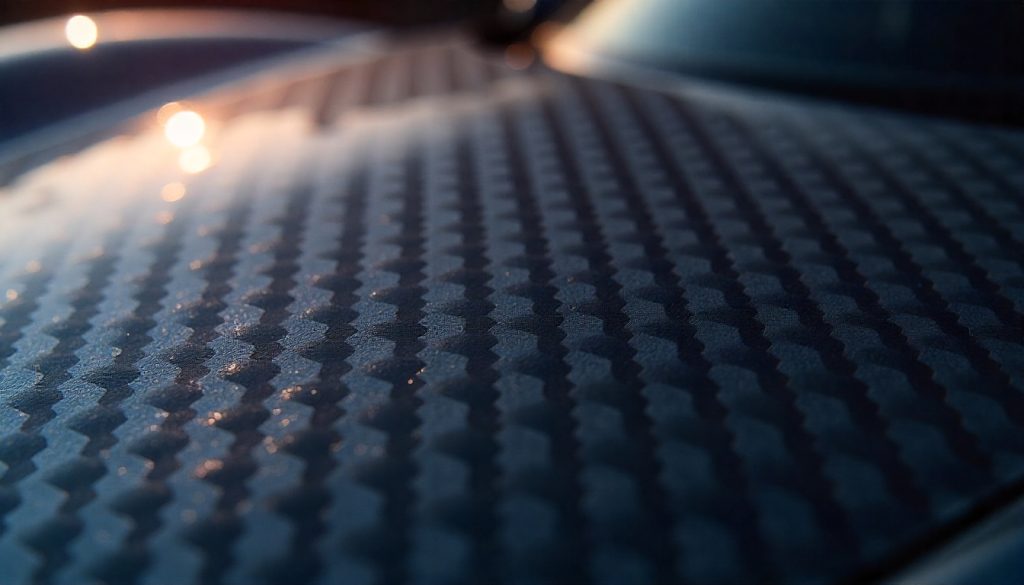 Macro close-up of carbon fiber weave in black and gray with matte and glossy textures, highlighted by lighting, with a blurred sports car silhouette in the background.