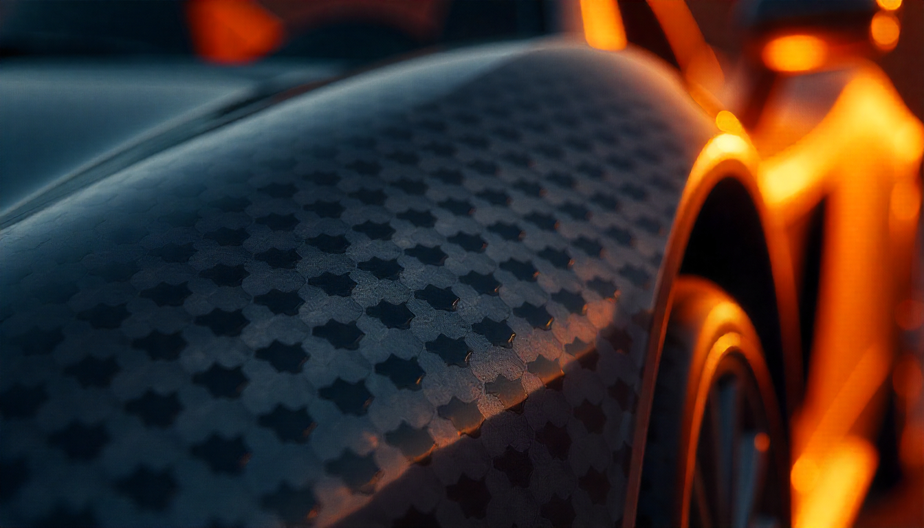 Macro close-up of carbon fiber weave in black and gray with matte and glossy textures, highlighted by lighting, with a blurred sports car silhouette in the background.