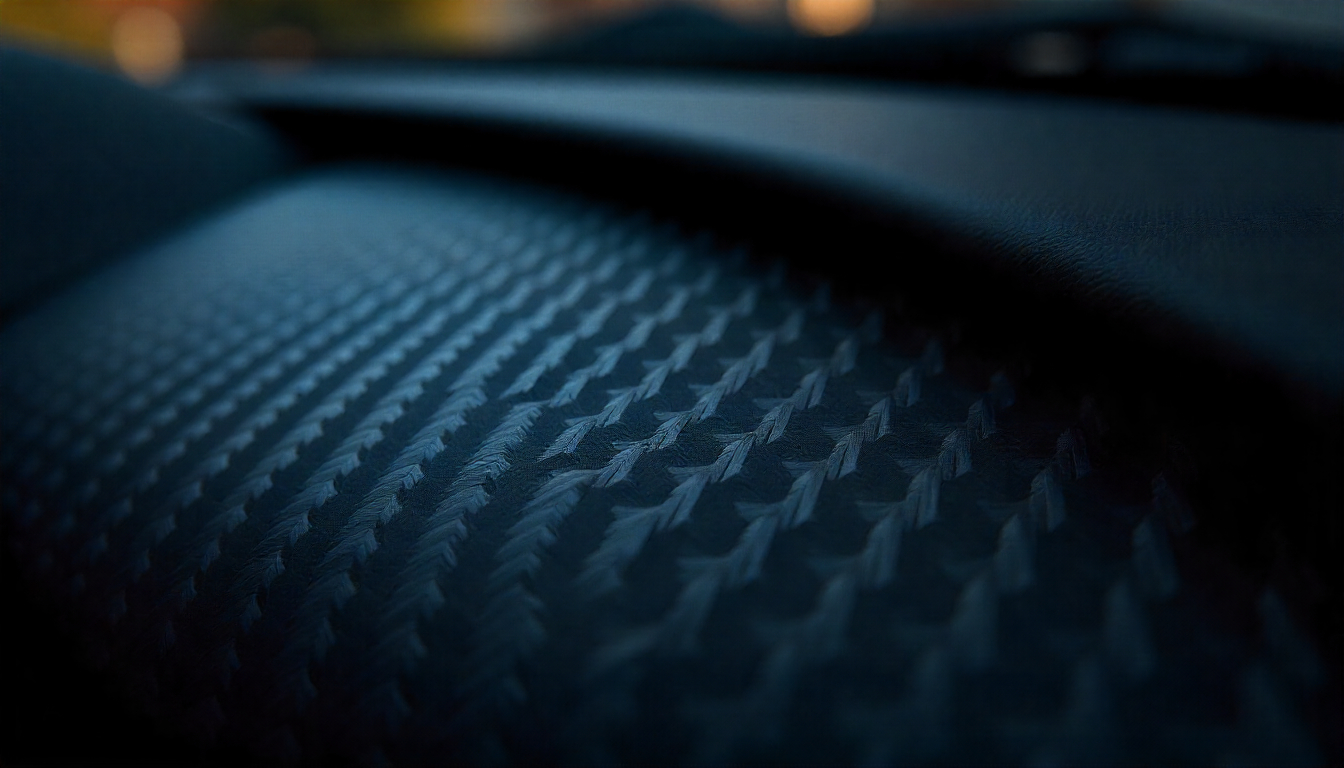 Close-up of handcrafted carbon fiber car parts with glossy weave pattern on a luxury sports car interior dashboard, highlighting premium automotive craftsmanship and performance.