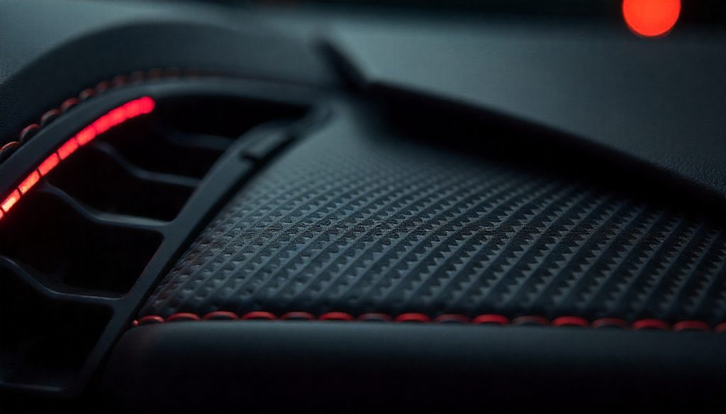 Close-up of handcrafted carbon fiber car parts with glossy weave pattern on a luxury sports car interior dashboard, highlighting premium automotive craftsmanship and performance.