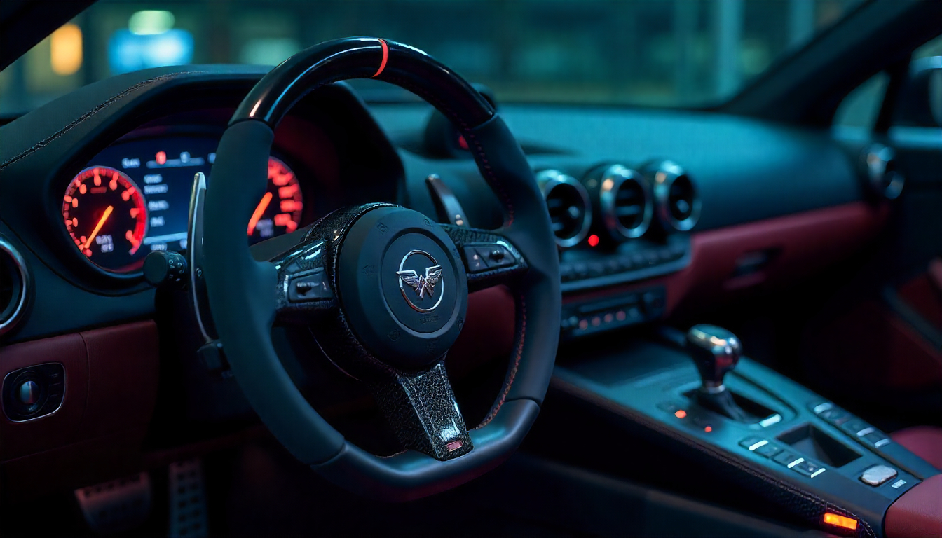 Close-up of a luxury car interior with a glossy carbon fiber steering wheel and dashboard trim highlighting the weave pattern and premium craftsmanship.