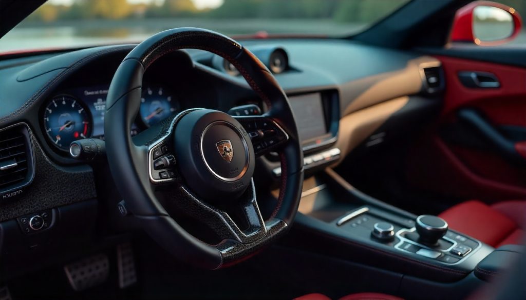 Close-up of a luxury car interior with a glossy carbon fiber steering wheel and dashboard trim highlighting the weave pattern and premium craftsmanship.