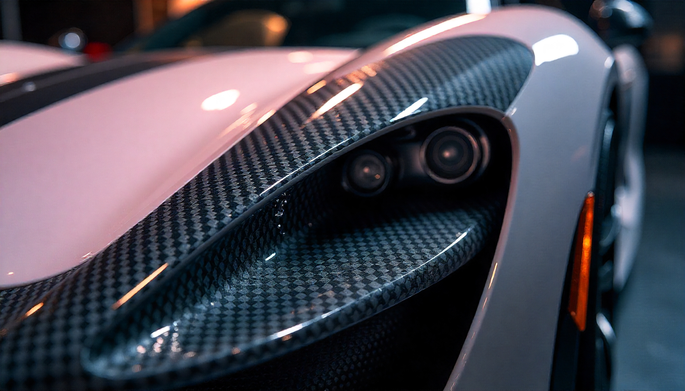 Close-up of premium handcrafted carbon fiber car parts with glossy weave texture on a luxury sports car, symbolizing performance, craftsmanship, and exclusivity.