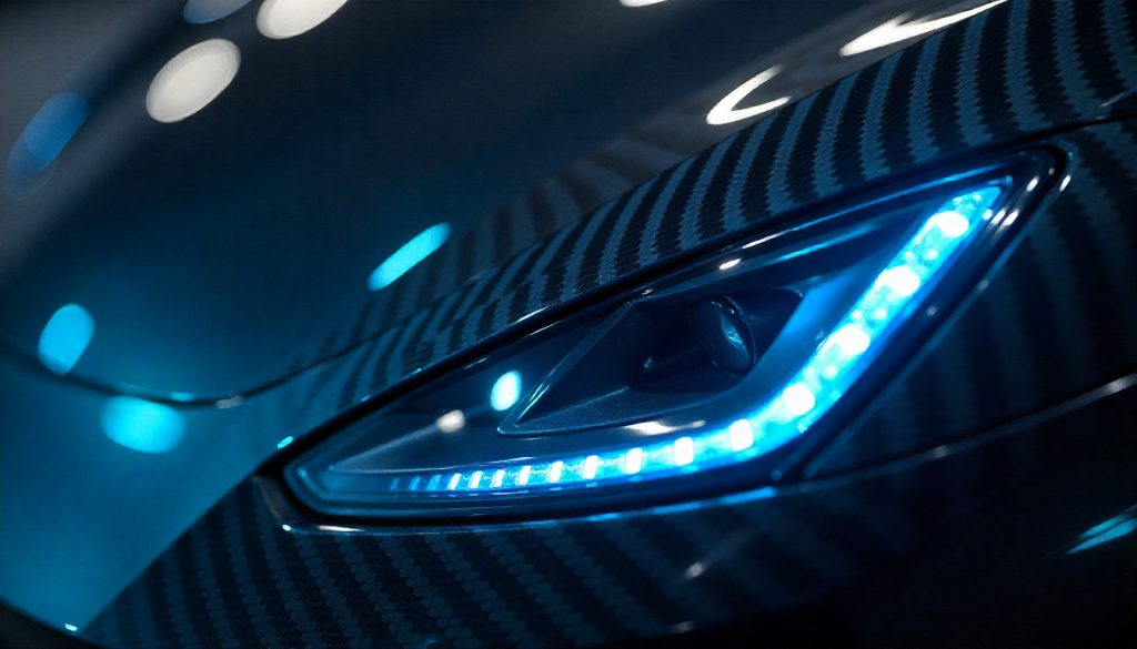 Close-up of premium handcrafted carbon fiber car parts with glossy weave texture on a luxury sports car, symbolizing performance, craftsmanship, and exclusivity.