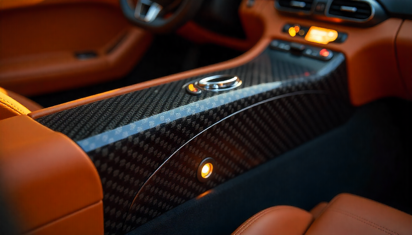 Handcrafted carbon fiber automotive parts with a premium glossy weave pattern inside a luxury sports car interior.