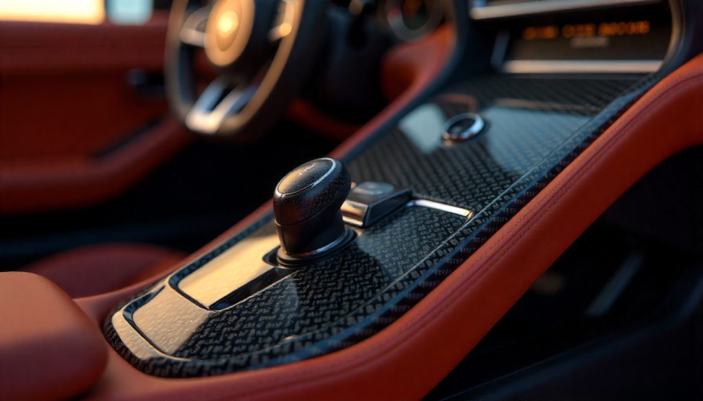 Handcrafted carbon fiber automotive parts with a premium glossy weave pattern inside a luxury sports car interior.