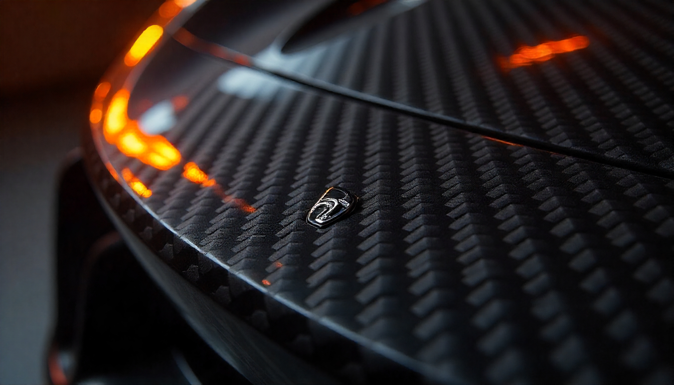 Close-up of handcrafted carbon fiber automotive part with glossy epoxy finish and visible woven texture, highlighting premium craftsmanship and luxury car performance design.