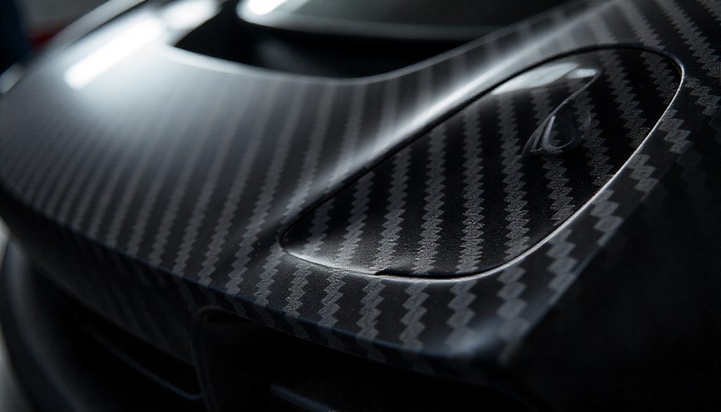 Close-up of handcrafted carbon fiber automotive part with glossy epoxy finish and visible woven texture, highlighting premium craftsmanship and luxury car performance design.