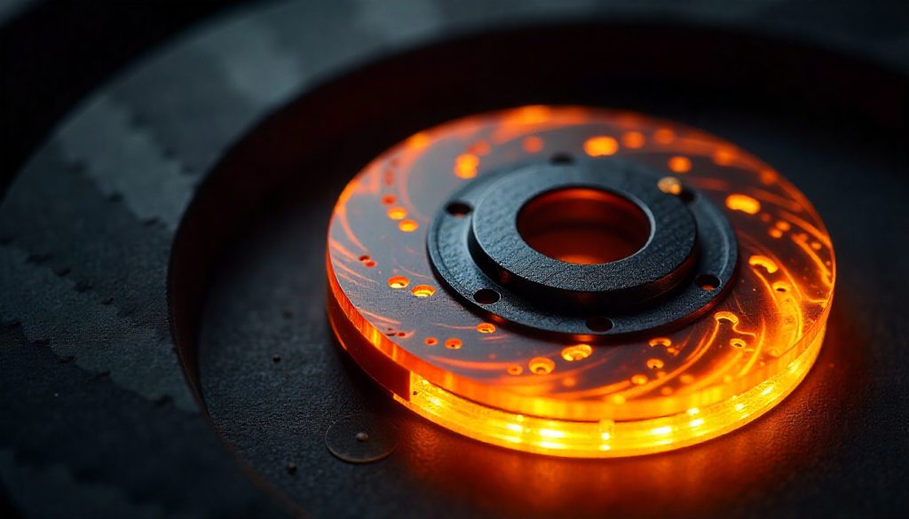 Close-up of handcrafted carbon fiber car part next to ceramic brake disc, highlighting premium materials, heat resistance, and luxury automotive performance.