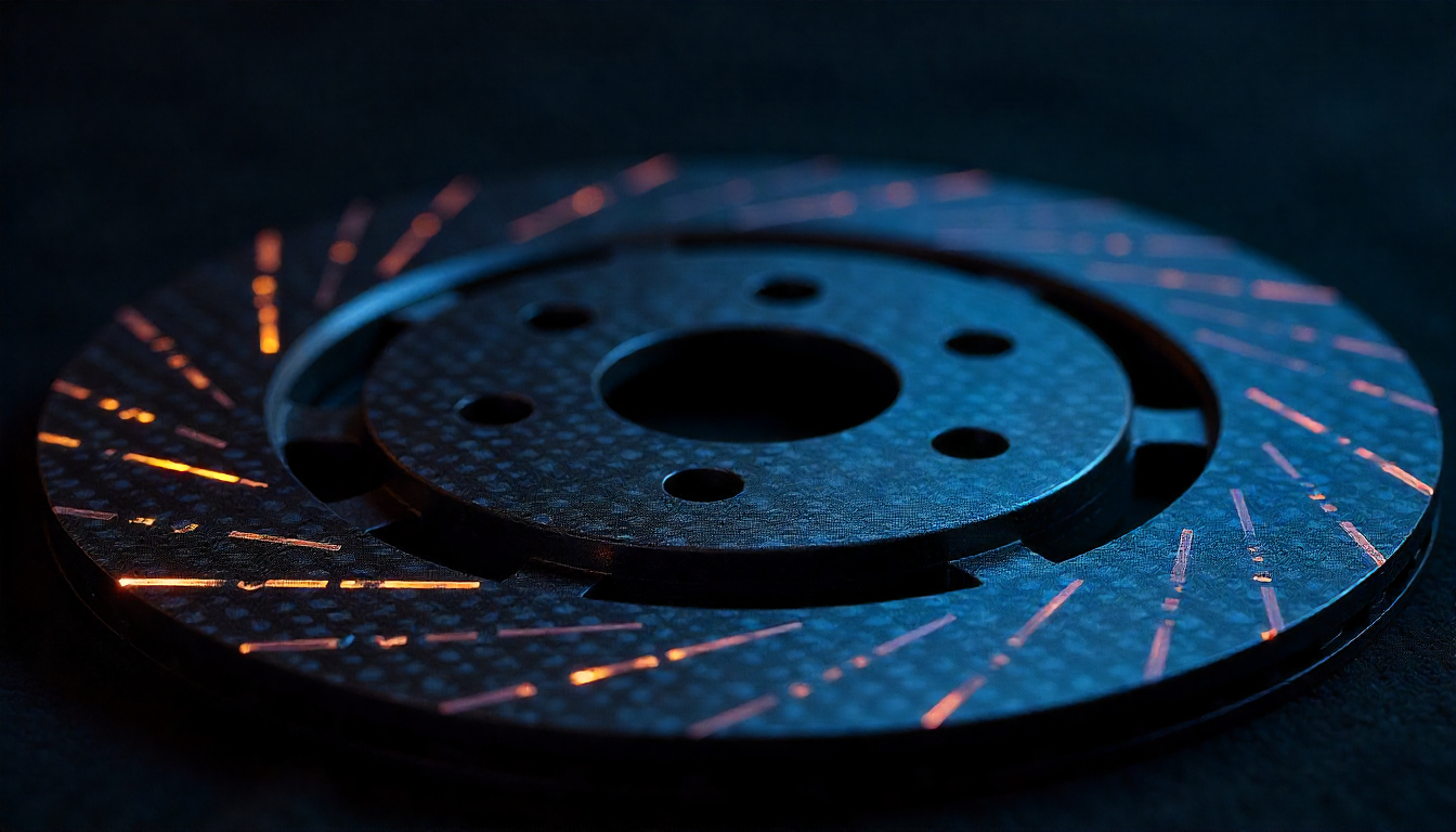Close-up of handcrafted carbon fiber car part next to ceramic brake disc, highlighting premium materials, heat resistance, and luxury automotive performance.