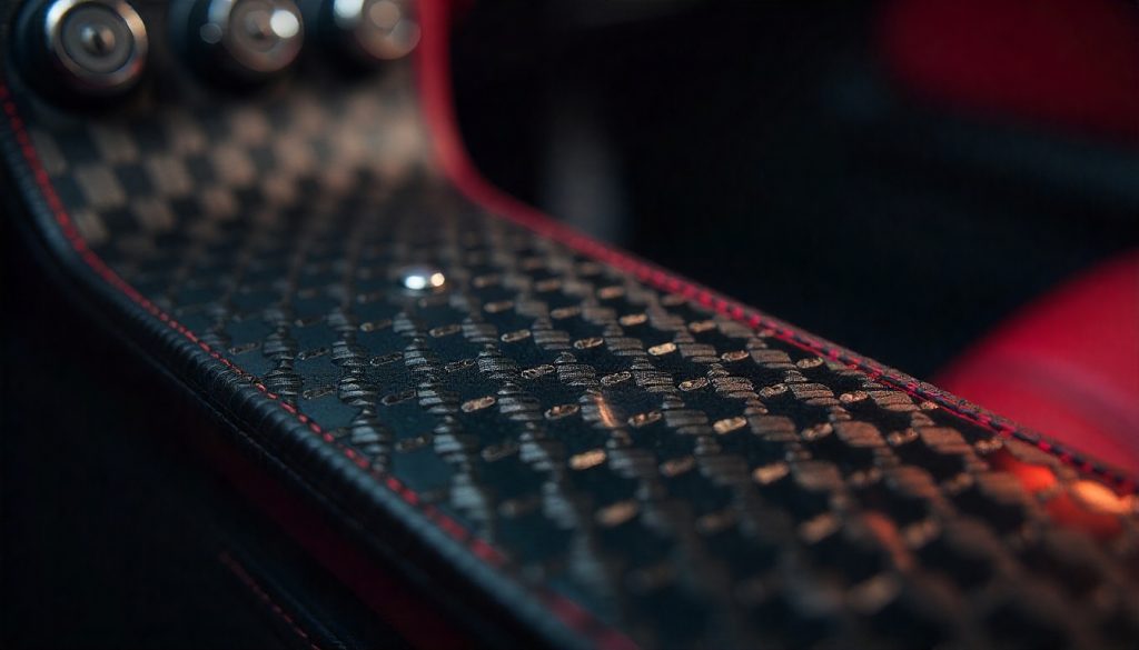 Close-up view of handcrafted carbon fiber weave texture with luxury car interior background, highlighting premium made in USA carbon fiber craftsmanship and automotive performance.