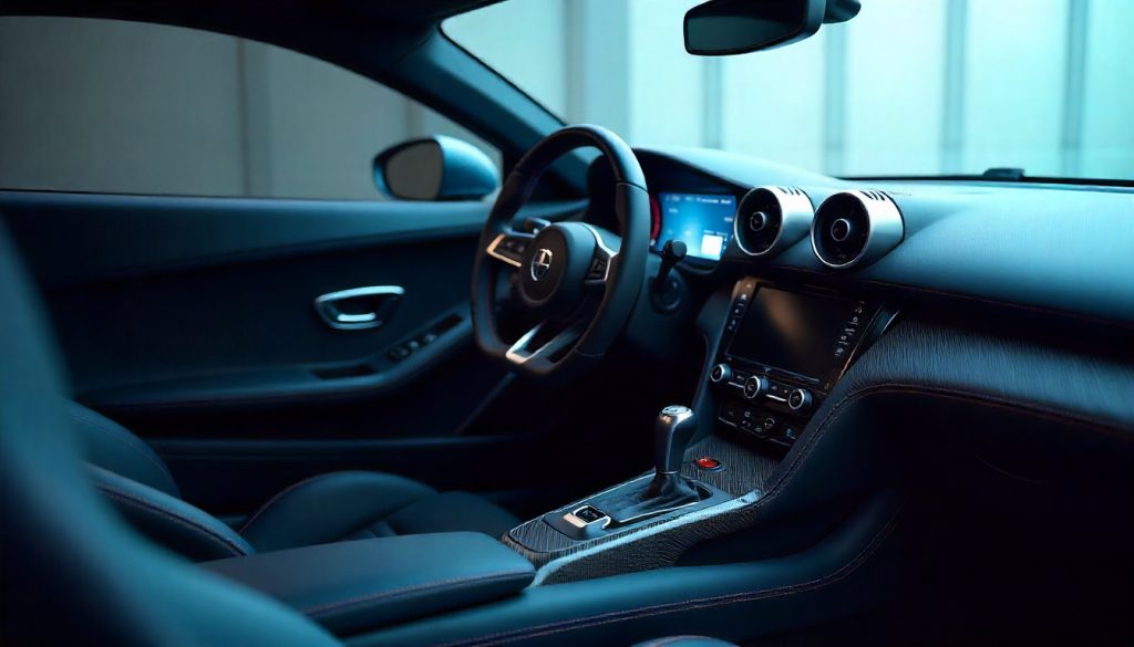 Close-up of handcrafted carbon fiber car parts on a luxury sports car interior, showcasing custom steering wheel and dashboard trim with glossy weave finish.