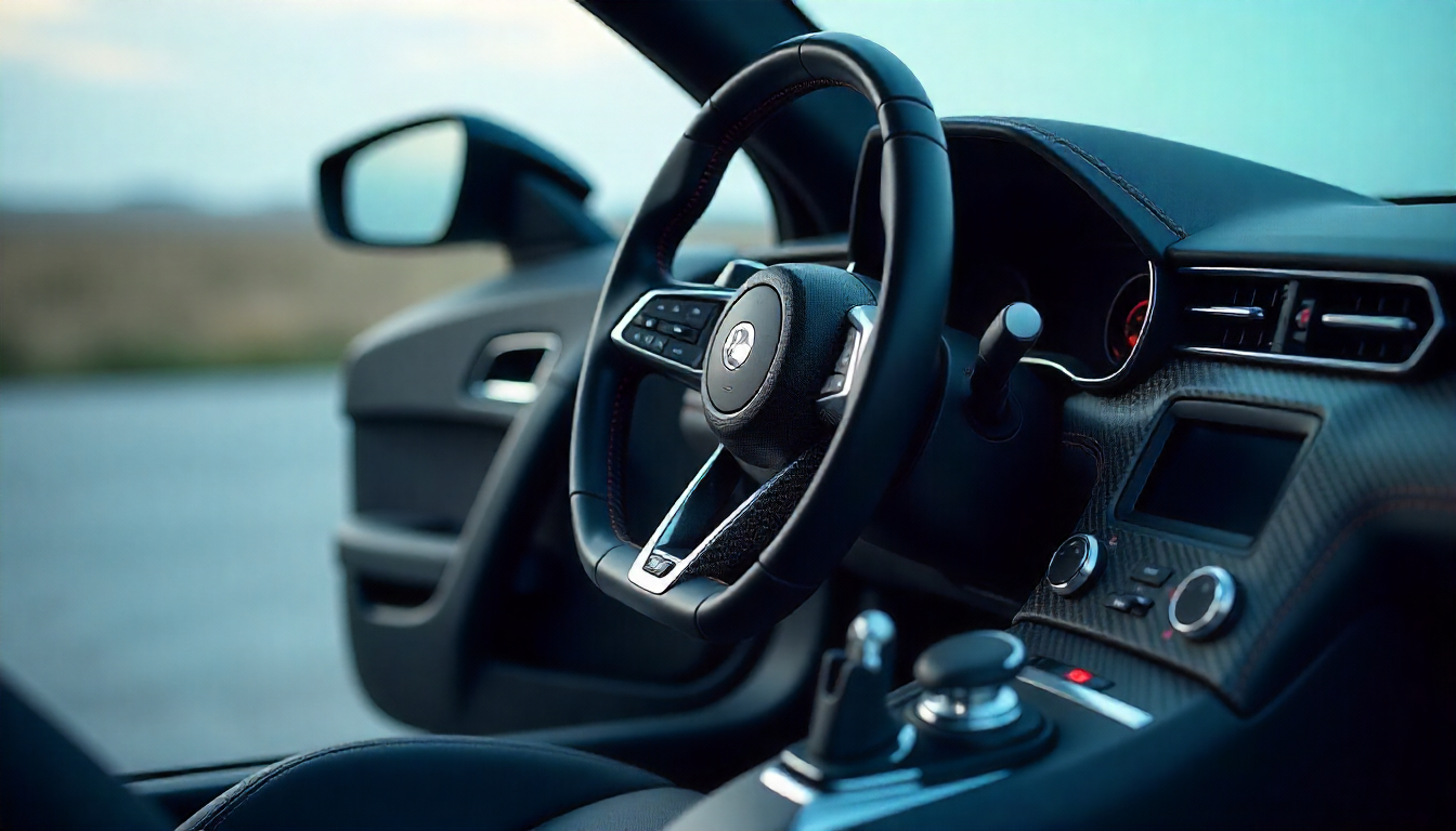 Close-up of handcrafted carbon fiber car parts on a luxury sports car interior, showcasing custom steering wheel and dashboard trim with glossy weave finish.