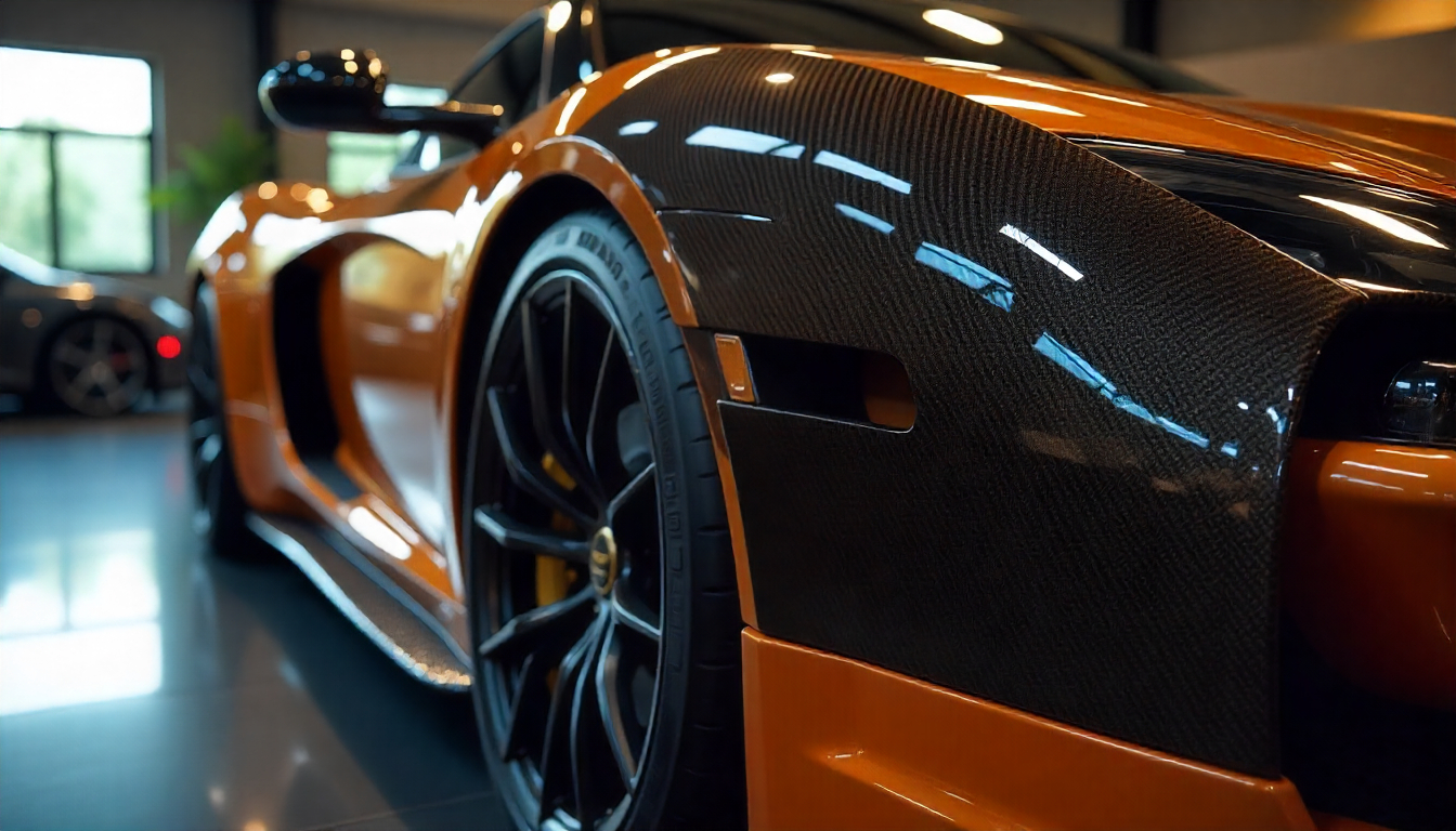 Luxury exotic sports car in a showroom featuring handcrafted carbon fiber steering wheel, dashboard trim, and exterior panels with detailed carbon fiber weave texture.