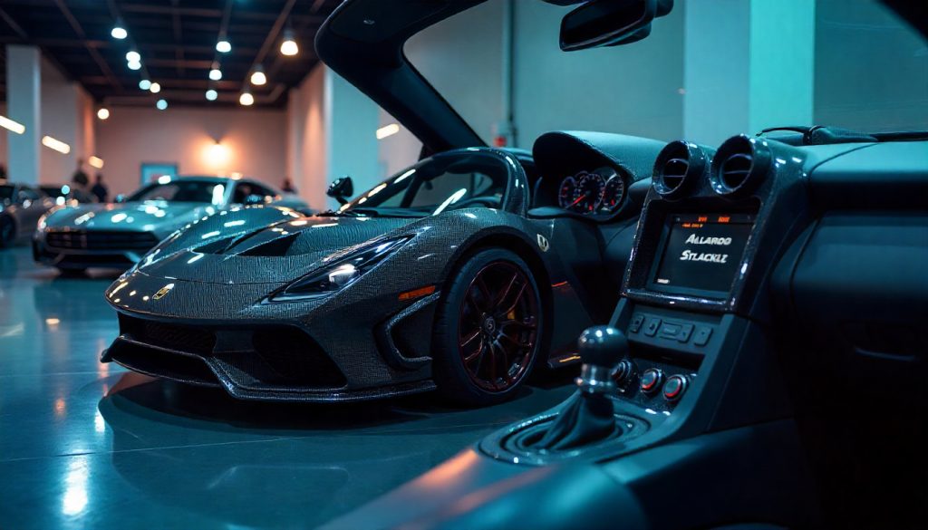 Luxury exotic sports car in a showroom featuring handcrafted carbon fiber steering wheel, dashboard trim, and exterior panels with detailed carbon fiber weave texture.