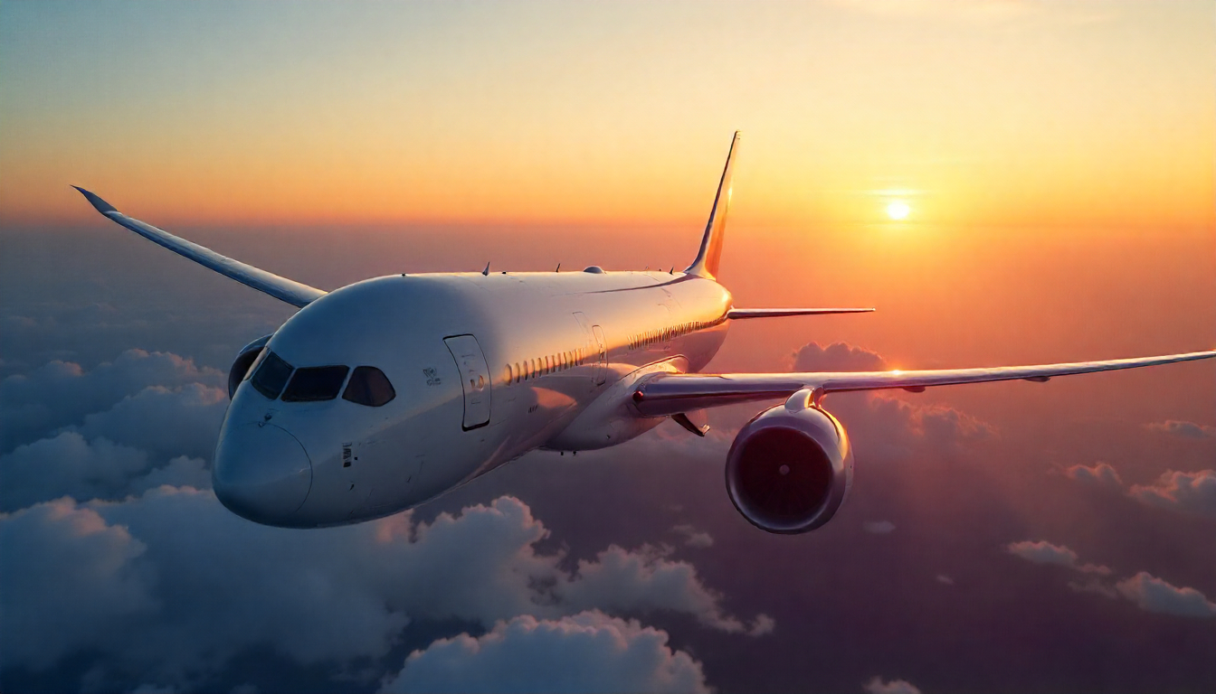 Modern commercial airplane in flight above clouds with visible carbon fiber textures on fuselage and wings, highlighting lightweight and durable aerospace material.