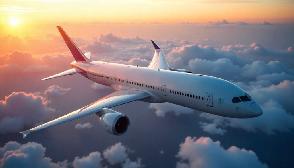 Modern commercial airplane in flight above clouds with visible carbon fiber textures on fuselage and wings, highlighting lightweight and durable aerospace material.