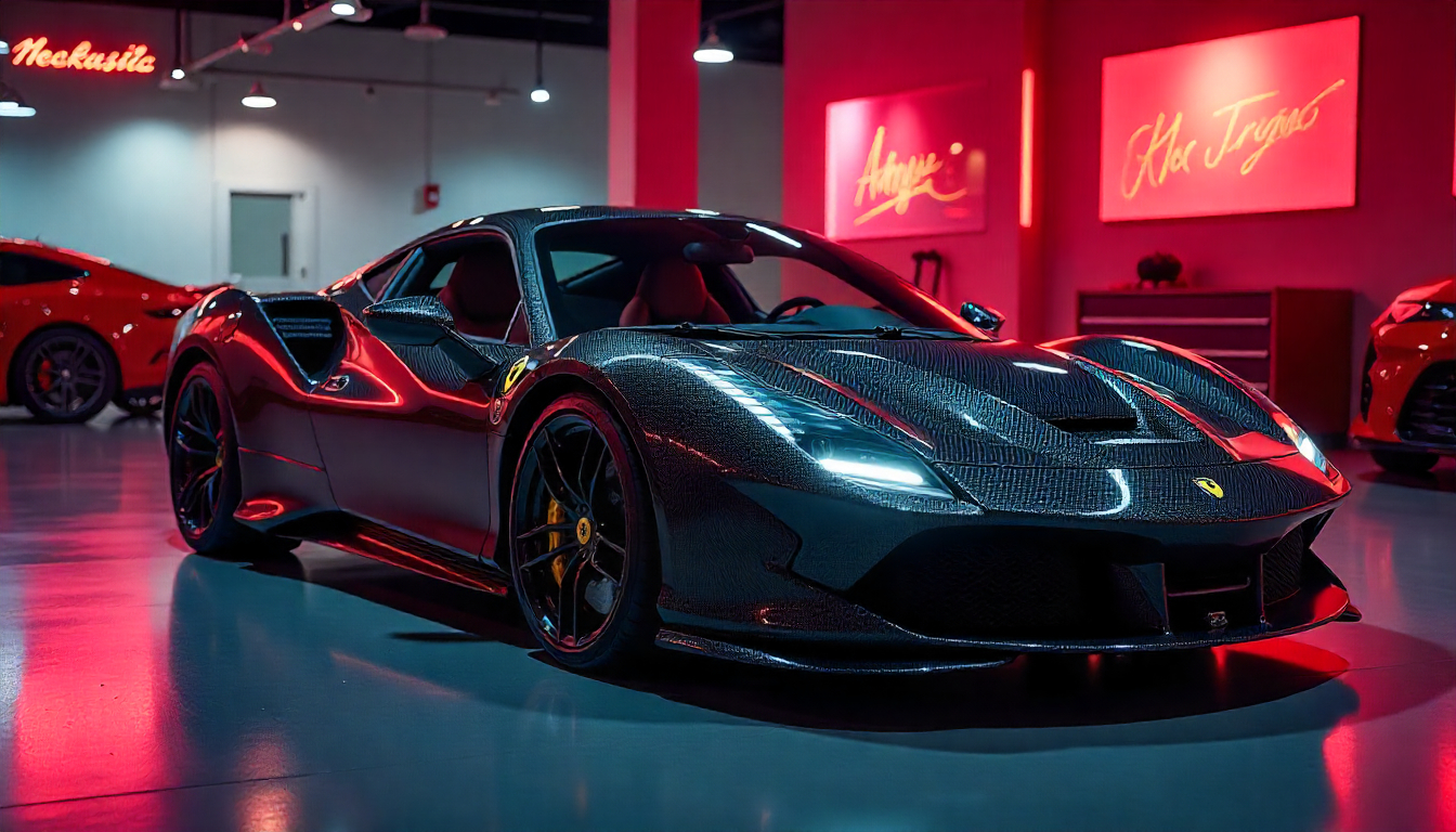 Close-up of a luxury sports car showcasing exposed carbon fiber body panels and interior trim in a modern showroom with dramatic lighting.
