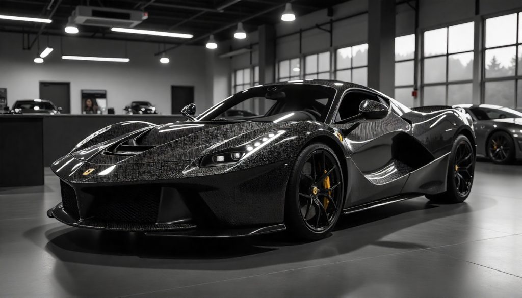 Close-up of a luxury sports car showcasing exposed carbon fiber body panels and interior trim in a modern showroom with dramatic lighting.